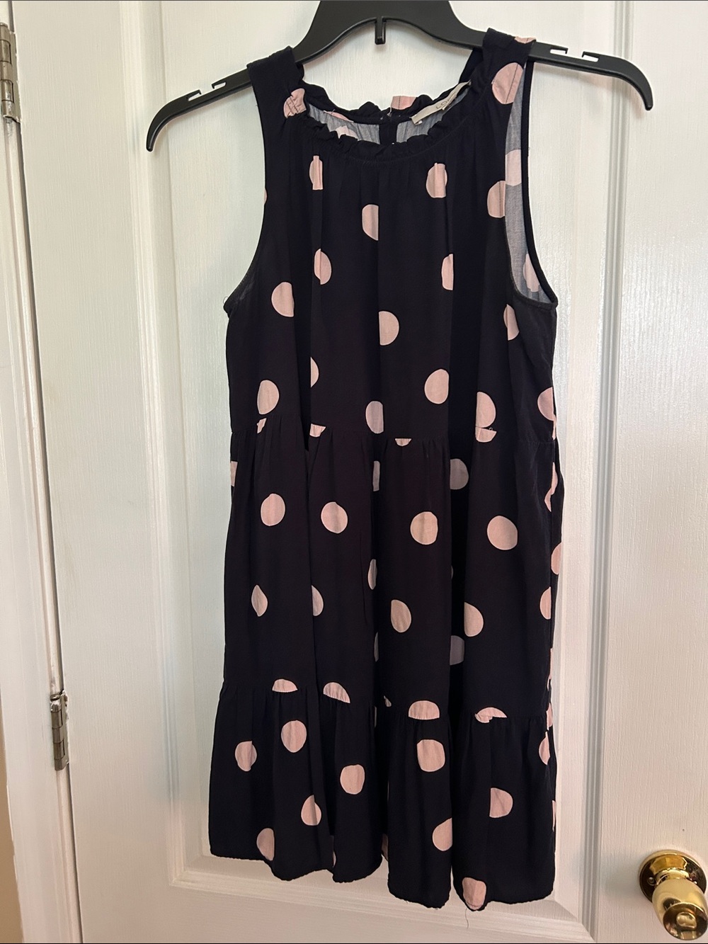 LOFT Navy Dress with Blush Pink Polka Dots. 20.5 PTP.